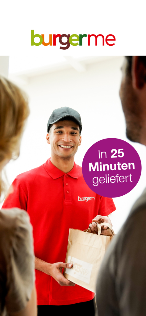 burgerme - A smiling burgerme delivery courier holding a paper bag with a 25 minute delivery guarantee badge