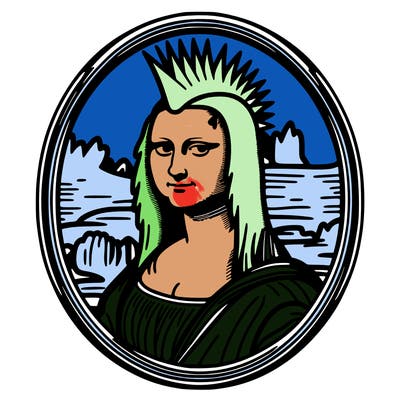 leonardo da vinci's "mona lisa" with punk hairstyle, realistic, thin borders
