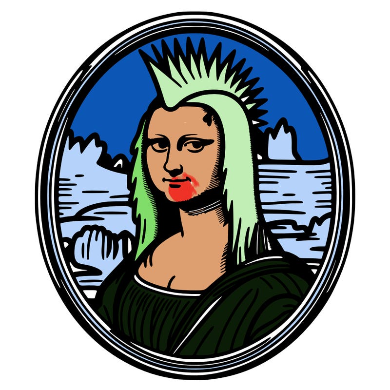 leonardo da vinci's "mona lisa" with punk hairstyle, realistic, thin borders