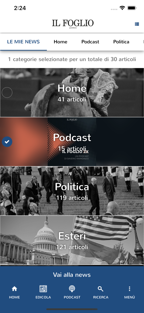 Il Foglio - Selection screen of the Il Foglio app with categories for politics foreign news and podcasts