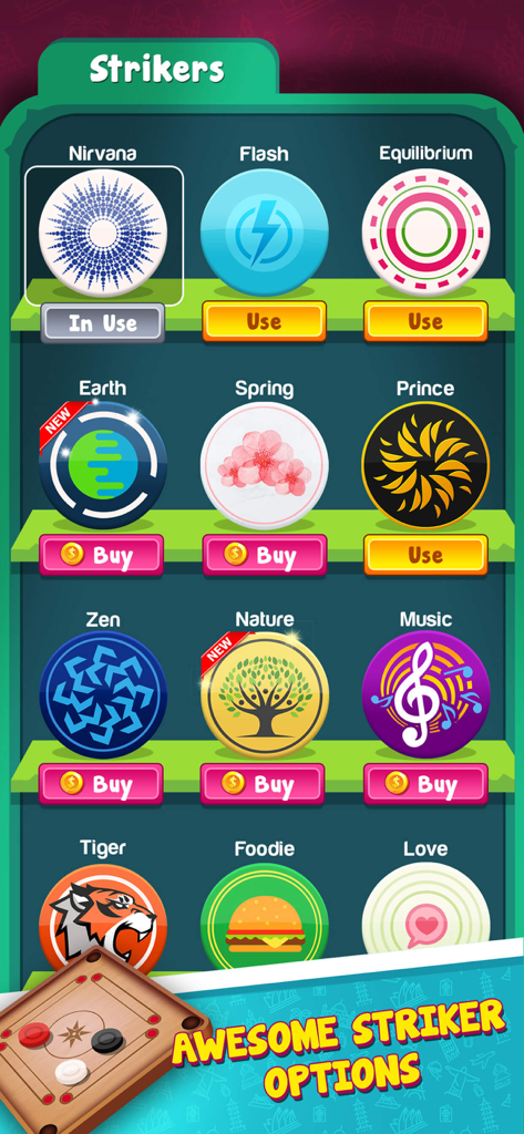 A menu showcasing various collectible striker designs in the Carrom Master mobile game.