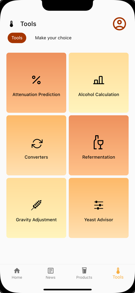 Fermentis - Menu des outils de l'application Fermentis montrant les calculatrices de brassage et de fermentation