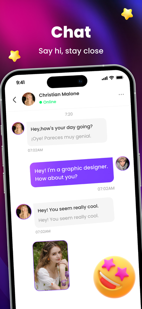 Tiko - Spark Your Creativity - La pantalla de chat de la aplicación Tiko que muestra una conversación entre dos usuarios con texto e imágenes.
