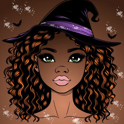 realistic black girl with wavy hair and witch hat and nose and lips