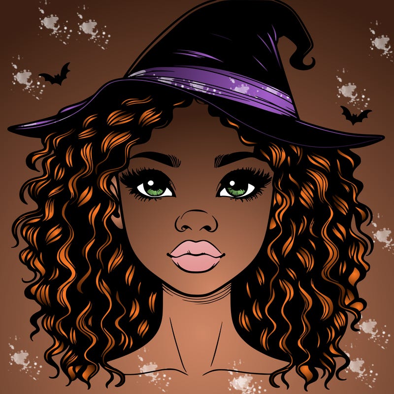 realistic black girl with wavy hair and witch hat and nose and lips
