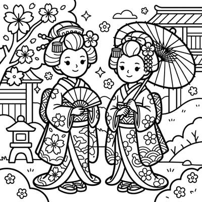 Delight your little one with this charming coloring page featuring two adorable Geisha and Maiko. Designed with toddlers in mind, its bold lines and simple shapes make it easy and fun to color.