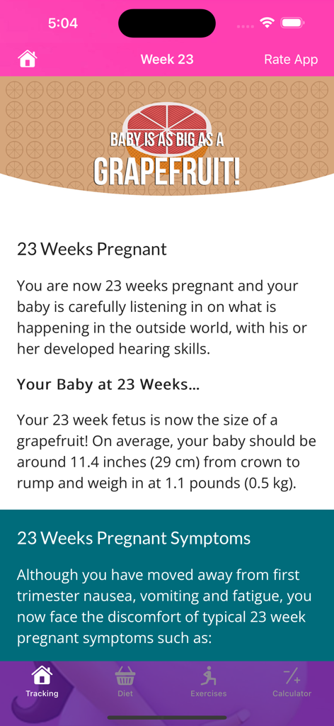 Pregnancy tracker & calculator - Pregnancy tracker app screen showing baby size comparison to a grapefruit at 23 weeks with development details