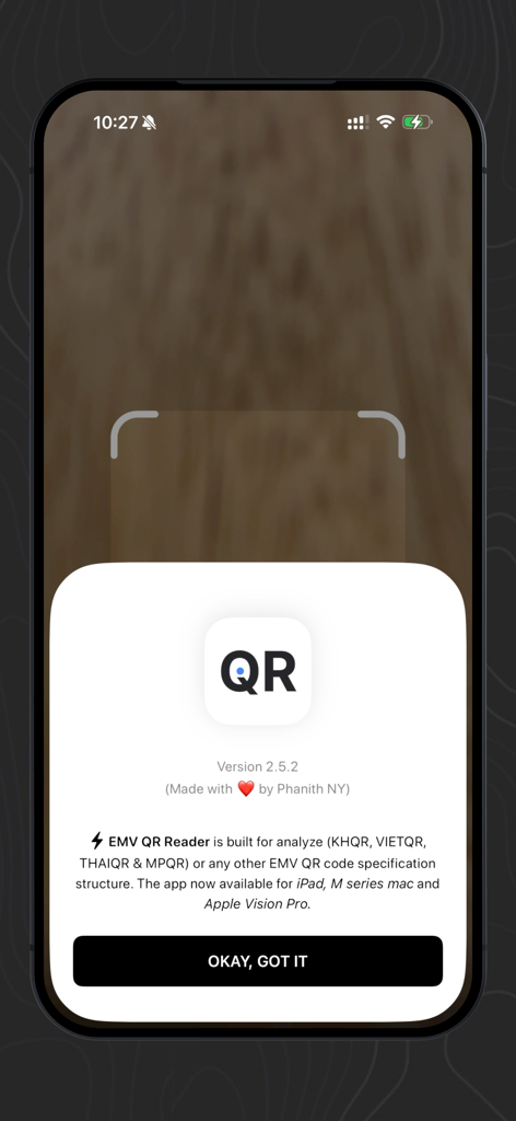 Tela introdutória do aplicativo EMV QR Reader destacando o suporte aos padrões KHQR VIETQR e MPQR