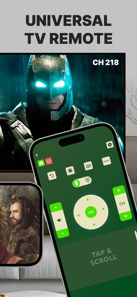 Screen Mirroring: Cast to TV - Universal TV remote control interface on an iPhone screen next to a smart TV.