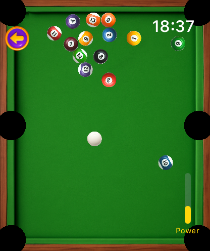 8 Ball Pool for Watch - A top-down view of a pool table game on a smartwatch screen.