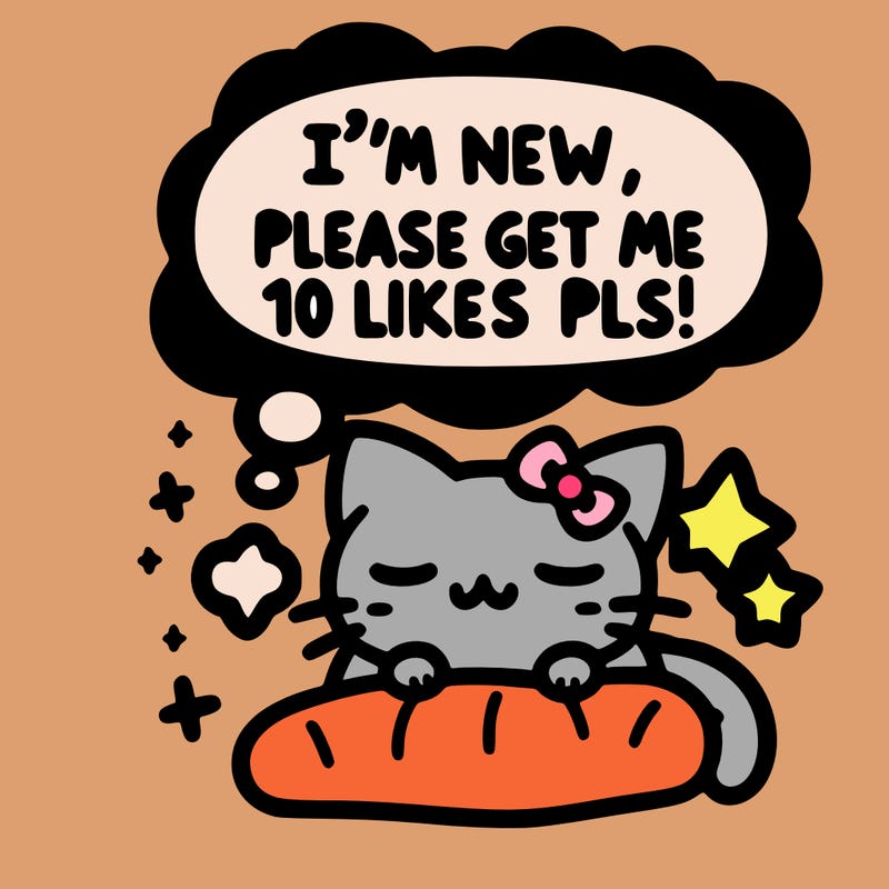 kitty taking a nap dream talking and saying "i'm new, please get me at least 10 likes pls!!"