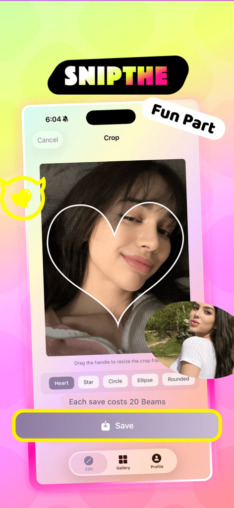 Kael - Calm & Explore - Interface de l'application Kael montrant une photo de femme recadrée en forme de cœur avec diverses options de formes disponibles en dessous.