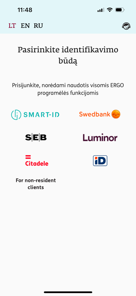 ERGO Lietuva - ERGO Lietuva app identification screen showing various login methods including Smart-ID and Lithuanian bank accounts.