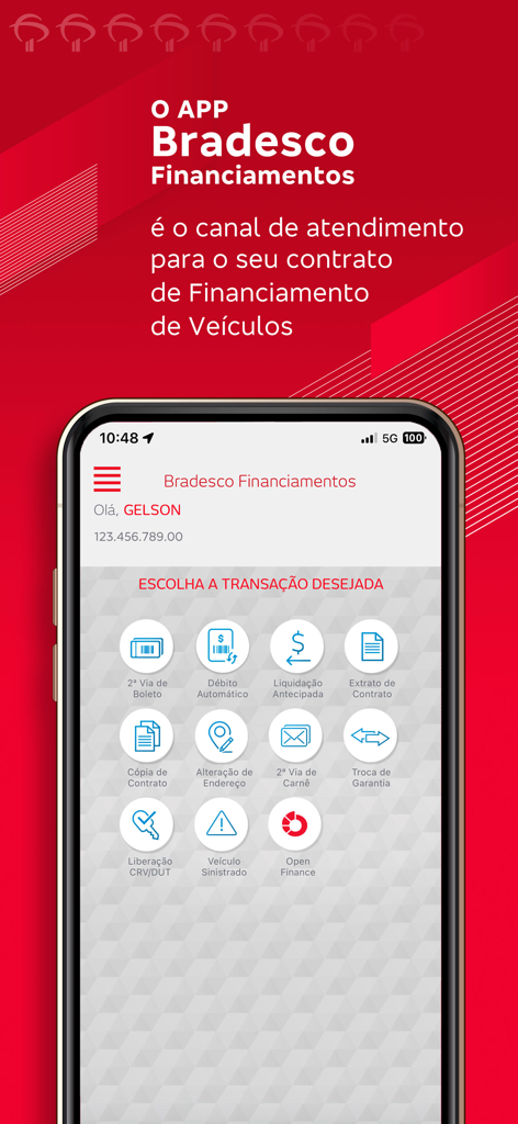 Menu principal do aplicativo Bradesco Financiamentos exibindo opções de financiamento de veículos e serviços de pagamento