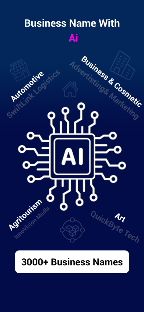 Ai Business Name Generator App - AI business name generator app screen featuring over 3000 business name ideas across different industries
