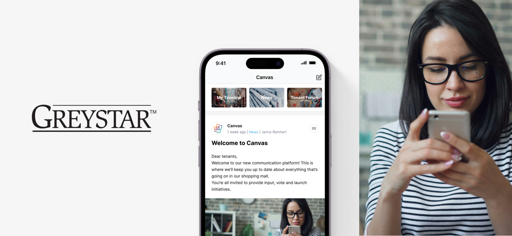 Greystar Europe - Smartphone displaying the Greystar Europe app interface next to a woman using her mobile device