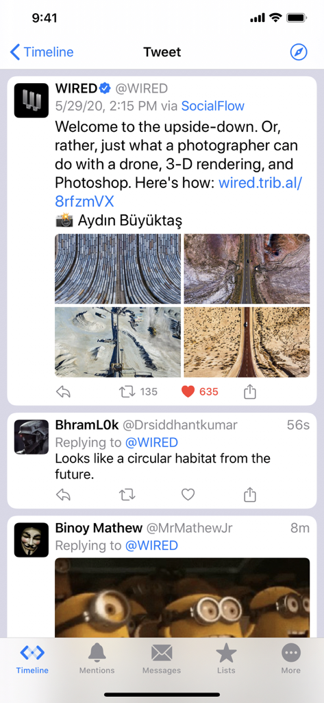 Detailed tweet view in the Spring for Twitter app showing a thread with replies and navigation icons on an iPhone.