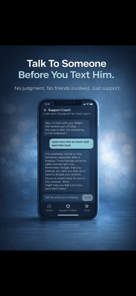 Anchor - No Contact Tracker - A smartphone showing the AI support coach chat interface in the Anchor app helping a user through breakup emotions.