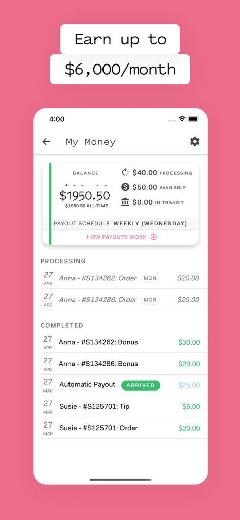 Poplin Laundry Pros app earnings screen showing balance and transaction history