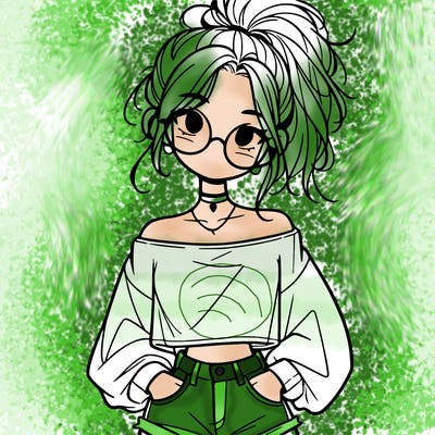 girl with a messy ponytail glasses a baggy crop top and jean shorts