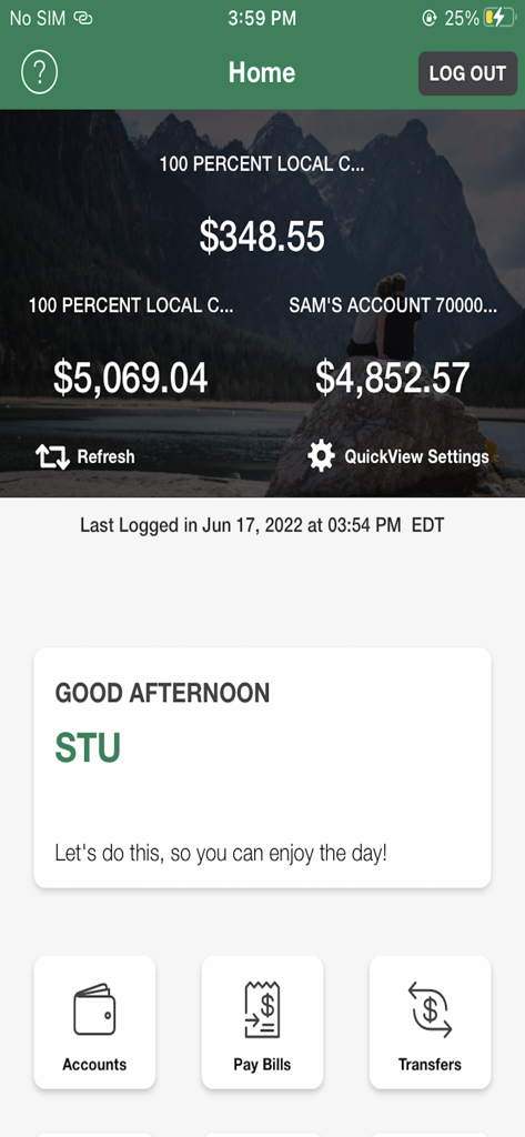 Tela inicial do aplicativo de mobile banking YNCU exibindo saldos de contas e ícones de navegação rápida para contas, pagar contas e transferências