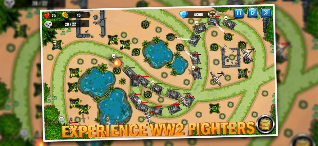Tower Defense: Toy War 2 - Jugabilidad de Tower Defense Toy War 2 mostrando tanques y aviones de la Segunda Guerra Mundial en un mapa estratégico