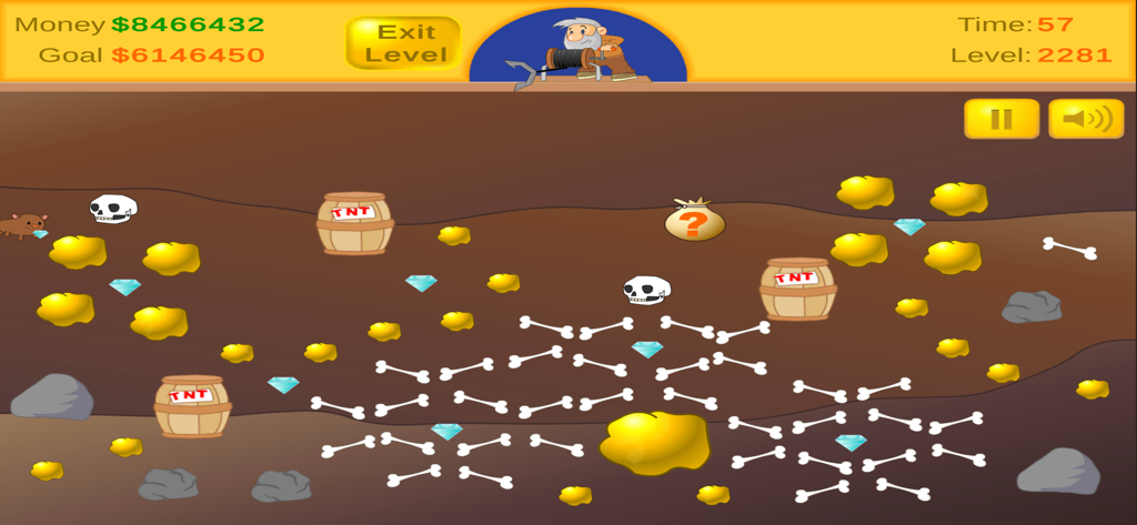 Classic Miner arcade gameplay screen with gold nuggets diamonds and TNT barrels