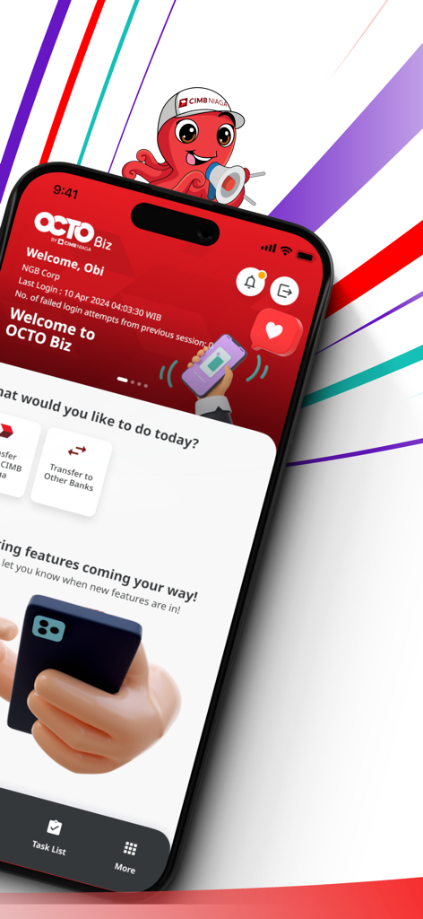 Panel de control de la aplicación de banca empresarial OCTO Biz by CIMB Niaga mostrando el resumen de la cuenta y las opciones de transferencia
