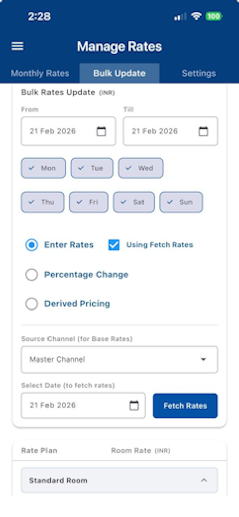 eGlobe PMS - Interface of the eGlobe PMS app showing the bulk rates update screen for managing hotel room pricing across different dates and channels