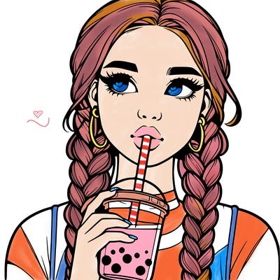 realistic girl with braided hair drinking boba