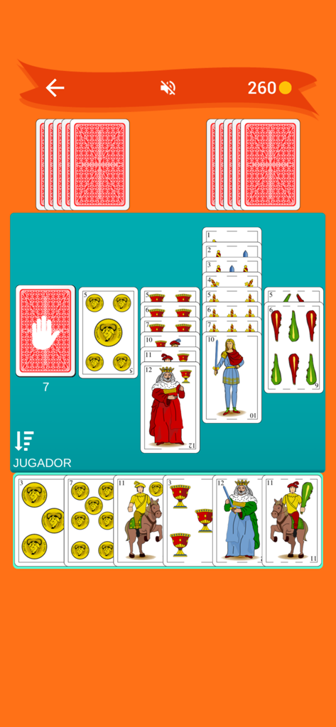 Sevens: card game - Gameplay of Sevens card game showing traditional Spanish deck cards on a table