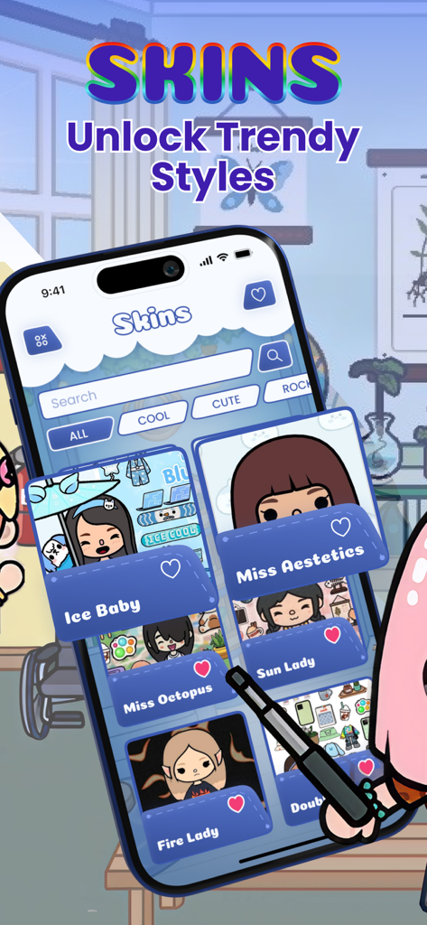 School Days for TC World - Tela de aplicativo móvel mostrando uma variedade de skins de personagens da moda para Toca Life World, incluindo estilos como Ice Baby e Miss Aesthetics