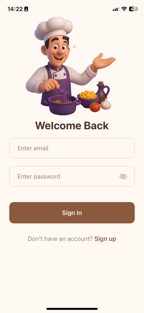 Recipe Finder: Easy Cooking - 친근한 만화 요리사 일러스트레이션과 이메일 로그인 필드가 특징인 레시피 파인더 앱 로그인 화면