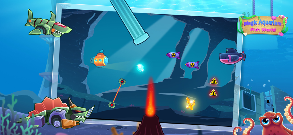 Magic Aquarium game screenshot showing a cartoon underwater world with submarines and robotic sea creatures