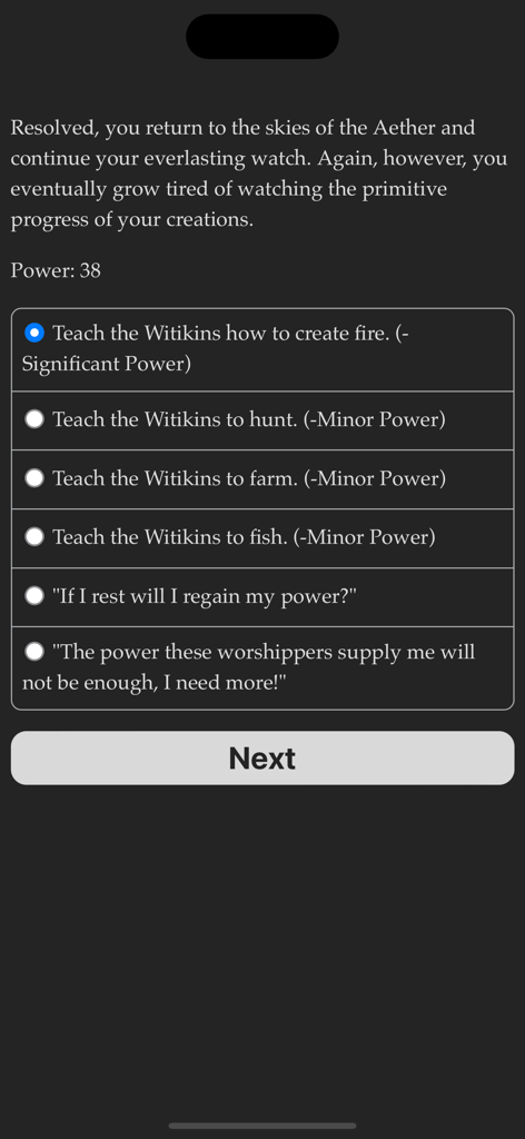 The Aether: Life as a God - A text-based gameplay screen showing multiple choices for a god to interact with a mortal race in the game The Aether
