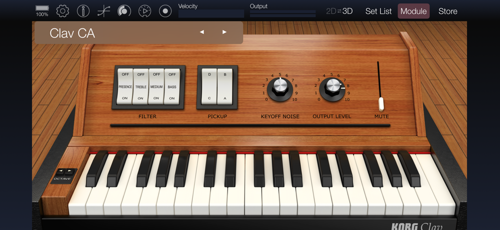 KORG Module Pro - Interfaz de la aplicación KORG Module Pro mostrando un motor de sonido de clavinet profesional con perillas virtuales y teclado