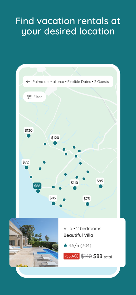 e-domizil - Interface de carte de l'application e-domizil montrant les prix des locations de vacances et une liste de villas à Palma de Majorque.