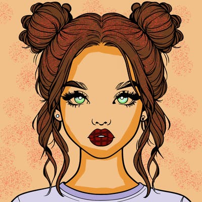 realistic girl with two buns in hair and lips