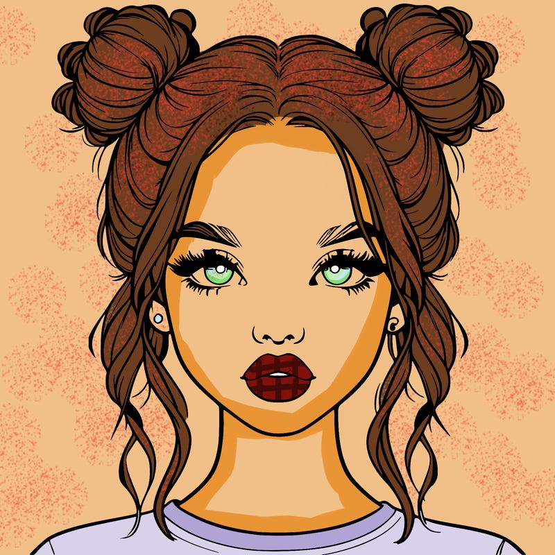 realistic girl with two buns in hair and lips