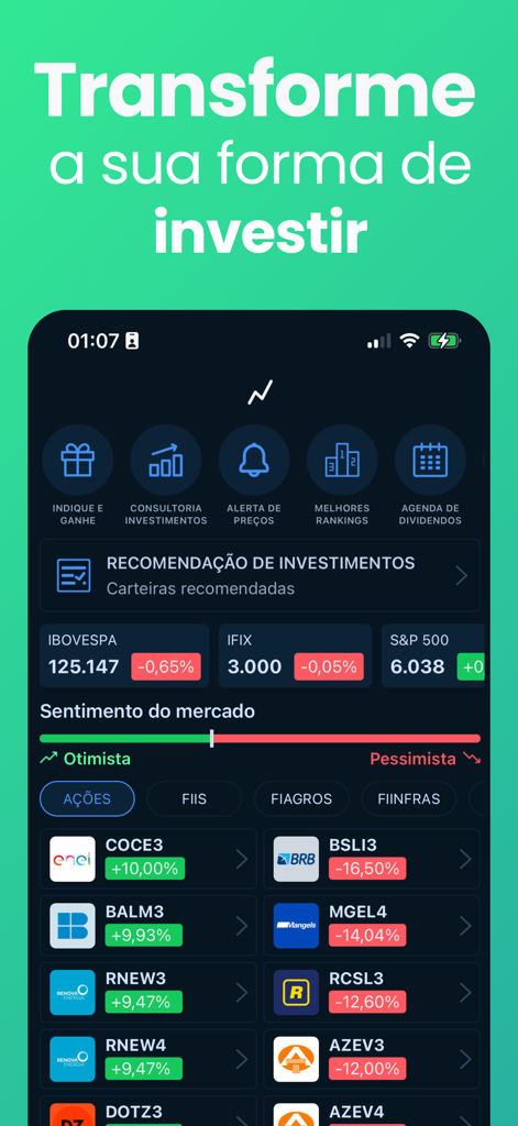 Análise de Ações - Écran du smartphone affichant l'application Análise de Ações avec des indices boursiers et des recommandations d'investissement.