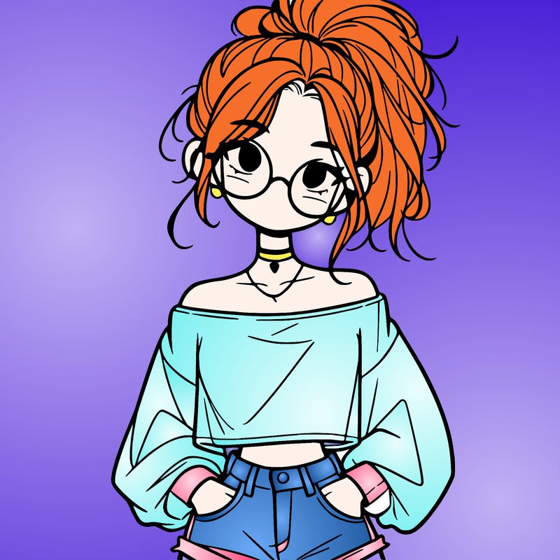 girl with a messy ponytail glasses a baggy crop top and jean shorts