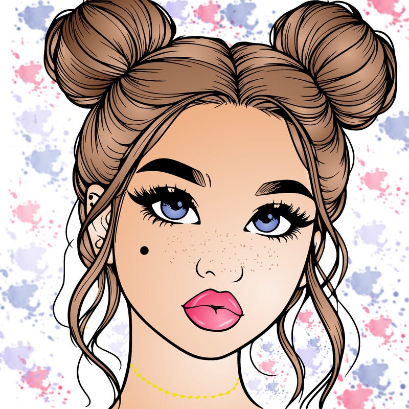 realistic girl with two buns on her hair and lips