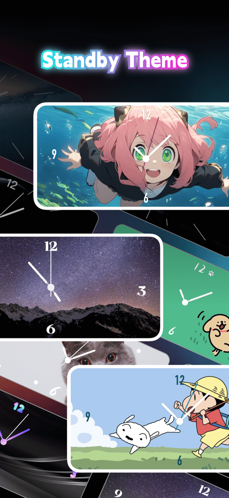Live Wallpaper - Wallpaper Hub - Collection of aesthetic standby mode themes with analog clock overlays featuring anime and nature art.