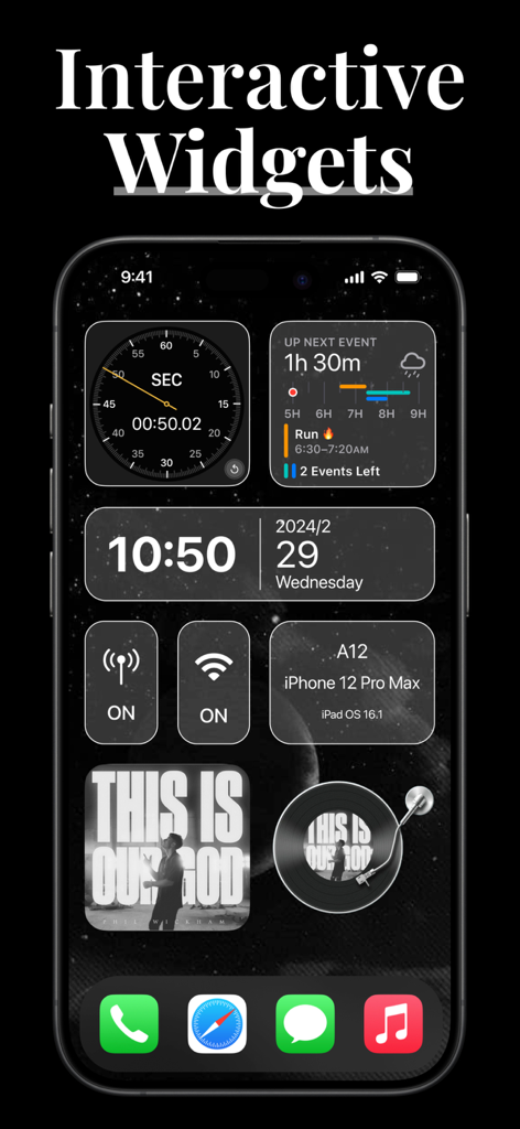 Pantalla del iPhone que muestra widgets interactivos para la hora, el clima y la música en un tema oscuro