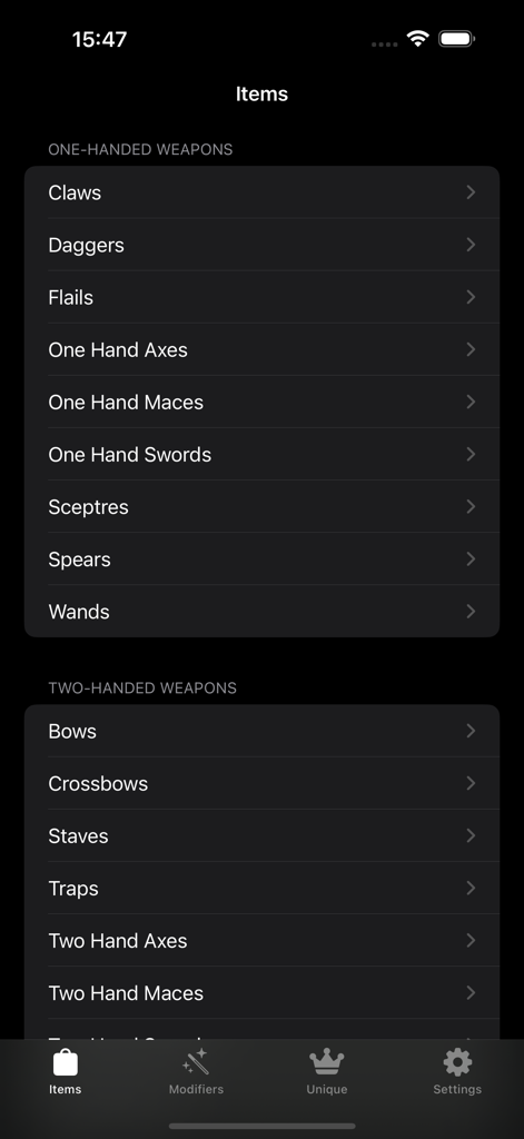 A list of one-handed and two-handed weapon categories in the Data of Exile app menu