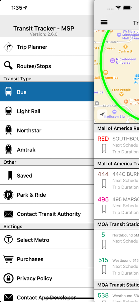 Transit Tracker mobile app menu showing navigation options and a map of local transit stops