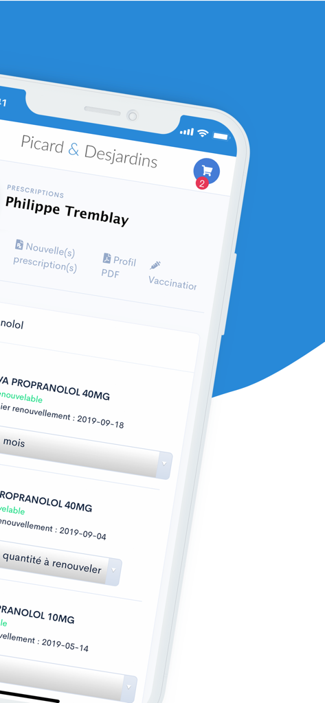 Un écran d'application mobile montrant le profil d'un utilisateur avec une liste d'ordonnances médicales et des options de gestion de la santé.