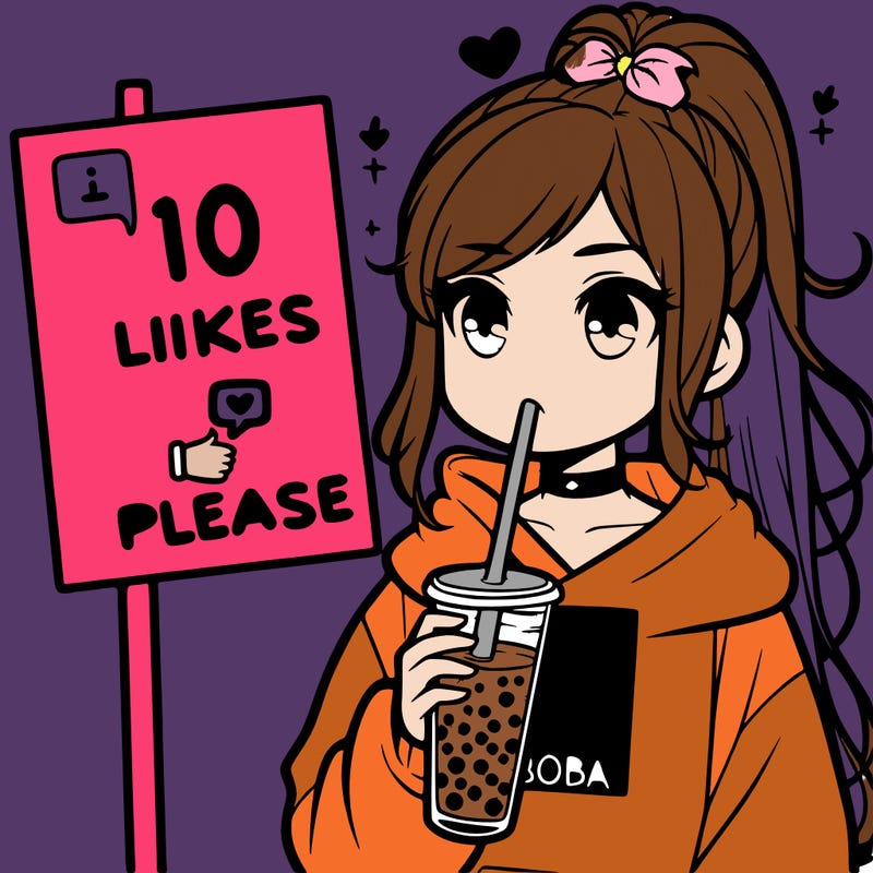 girl with a high ponytail and a hoodie drinking boba staring at a sign saying 10 likes please