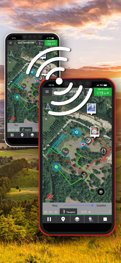 Go Terrain app showing GPS tracking and metal detecting finds on a map