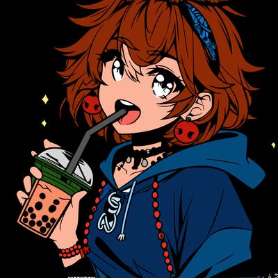 hot baddie anime girl drinking boba and biting the straw